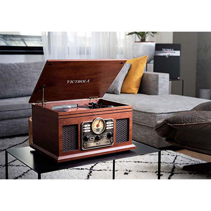 VICTROLA-Tocadiscos-con-conexion-bluetooth-radio-FM-puerto-auxiliar-reproductor-de-cd-y-casettes-MAHOGANY-420-8067