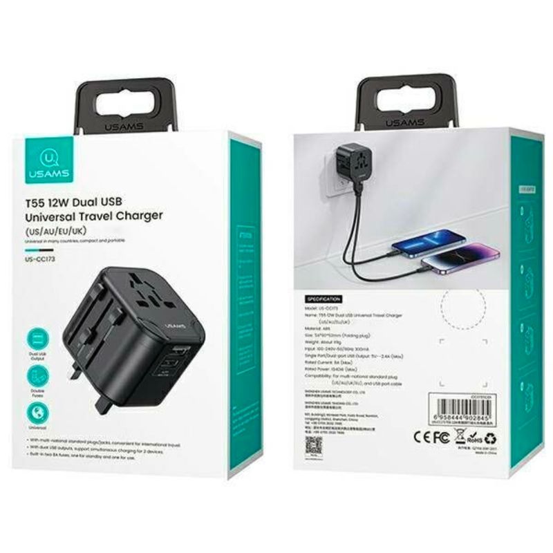 USAMS Adaptador de Viaje USAMS 4-en-1 con Doble USB 12W 290-9137