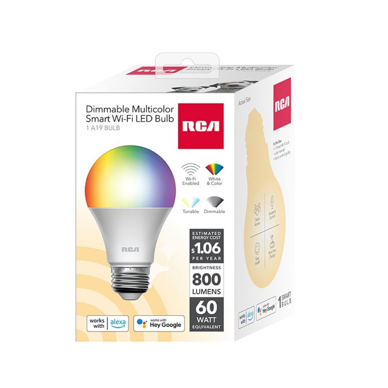 RCA Bombilla LED Multicolor Inteligente RCA A19RGBCCT Wi-Fi - Ajustable y Control por Voz 610-6153