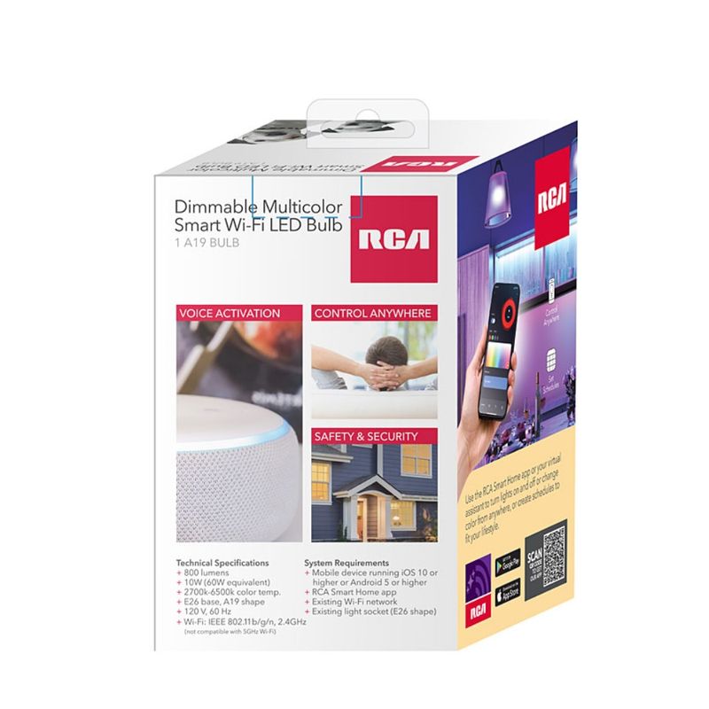 RCA Bombilla LED Multicolor Inteligente RCA A19RGBCCT Wi-Fi - Ajustable y Control por Voz 610-6153