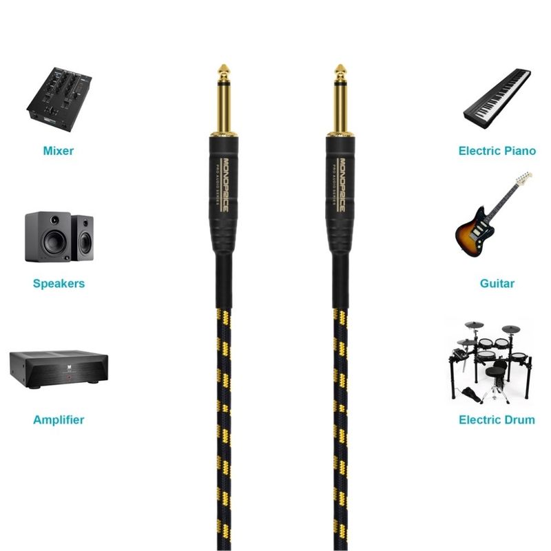 MONOPRICE Cable de Instrumento y Guitarra Cloth Series 4.57m TS 6.35mm Macho 20AWG - Negro y Dorado 150-3777