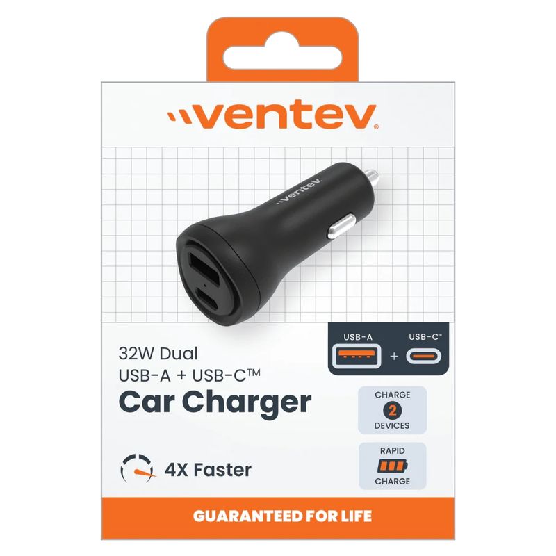 VENTEV Cargador para Auto de 32W Dual USB-C y USB-A Negro 290-9151