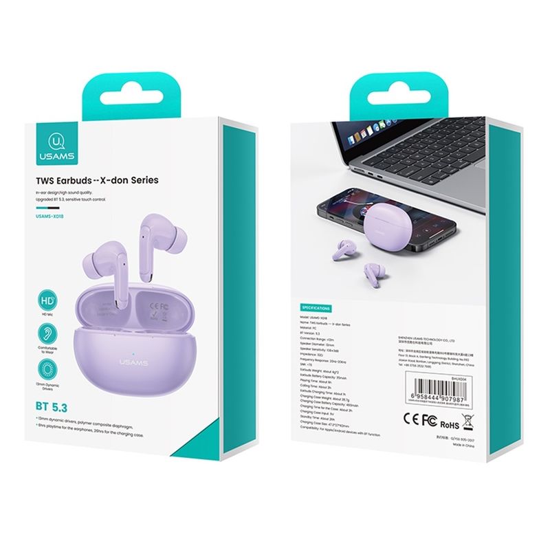 USAMS Auriculares Inalámbricos USAMS TWS X-don Serie BT 5.3 - Morados 330-3203