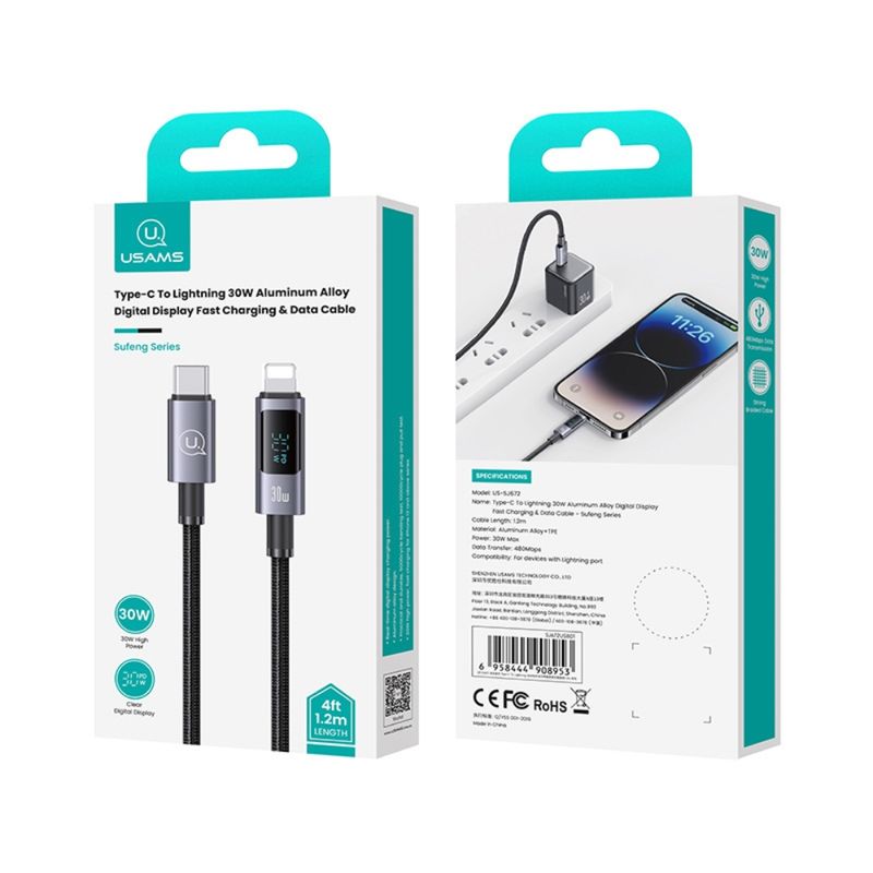 USAMS Cable de Carga Rápida USAMS USB-C a Lightning 30W con Pantalla Digital 1.2m 120-2992