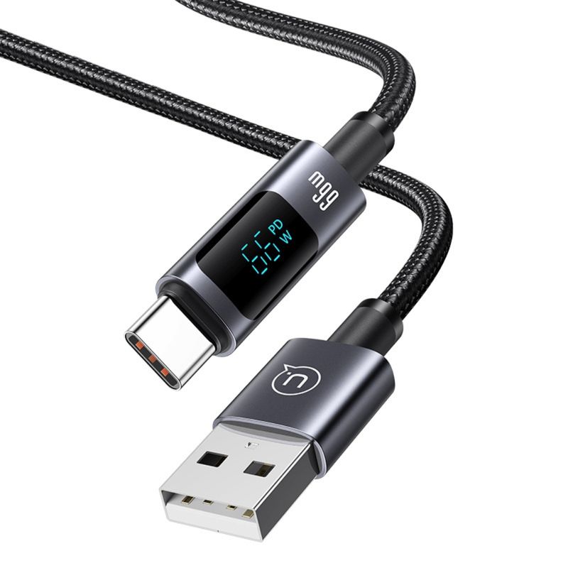 USAMS Cable de Carga Rápida USB-C a USB-A 66W con Pantalla Digital 1.2m 120-2993
