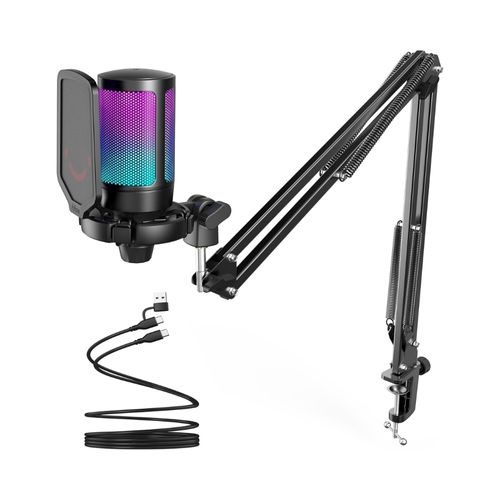 Micrófono USB Gamer para PC y PS5 con brazo articulado, filtro antipop y luces RGB